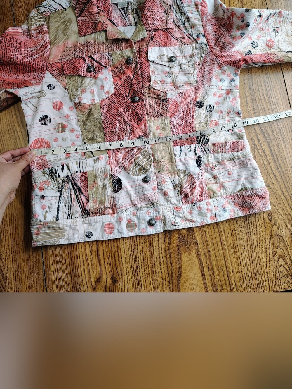 Christopher Banks abstract print button-front denim jacket Coral Cream sz M. - Picture 8 of 11